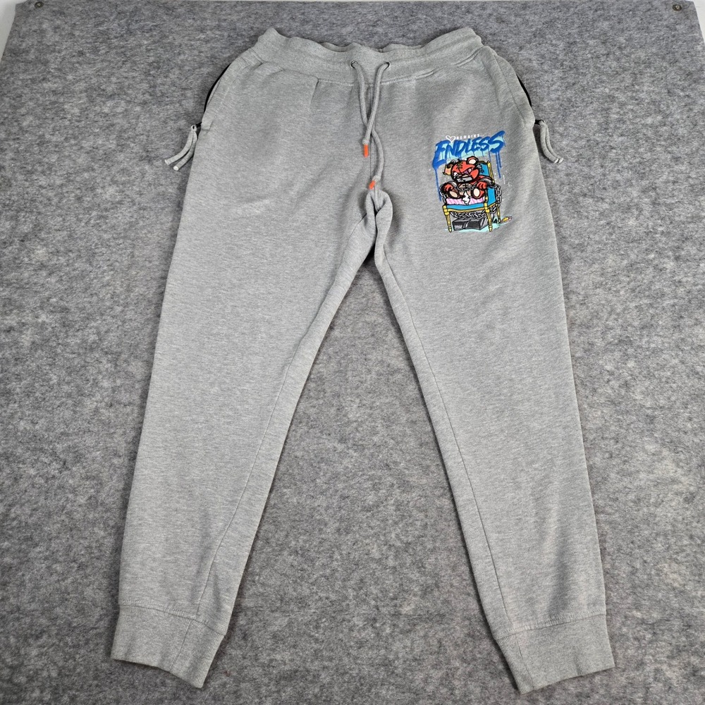 RS1NE Mens Gray Endless Graphic Streetwear Fleece Jogger Sweatpants L